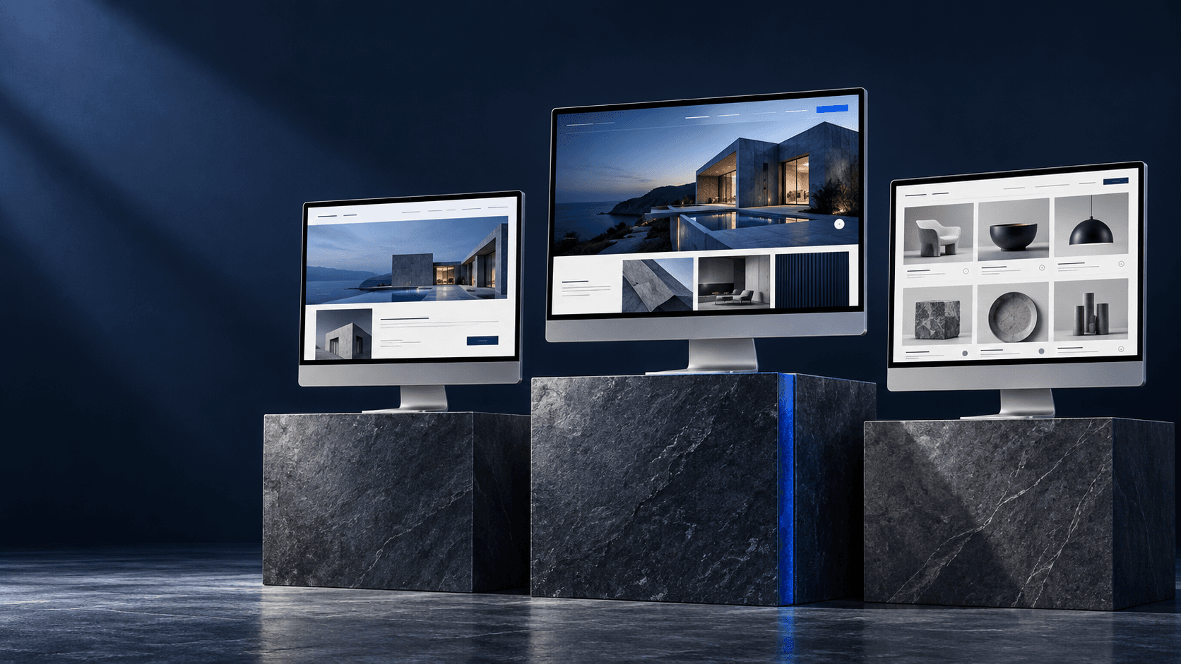 Three custom website designs on stone tiers, with the business website highlighted in blue.